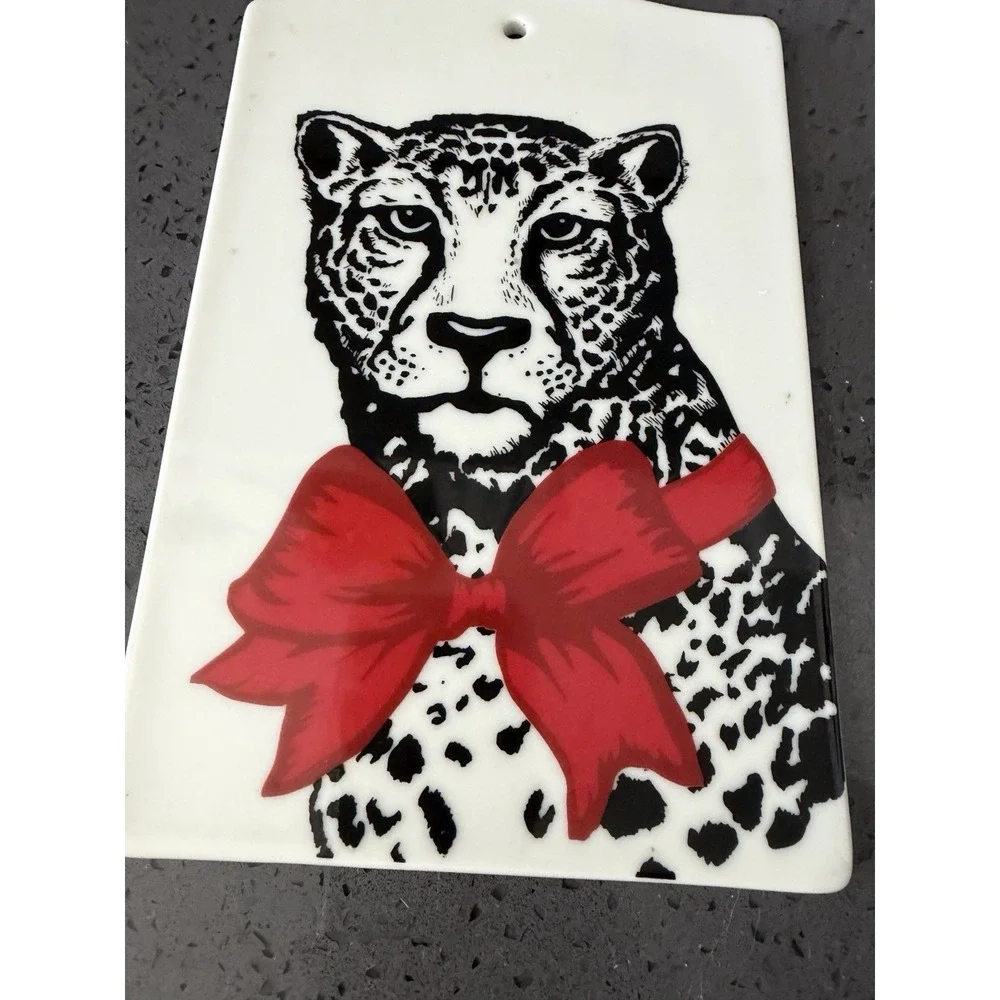 Ceramic Leopard W/ Red Bow Plaque Sign‎ Decor Serving Board